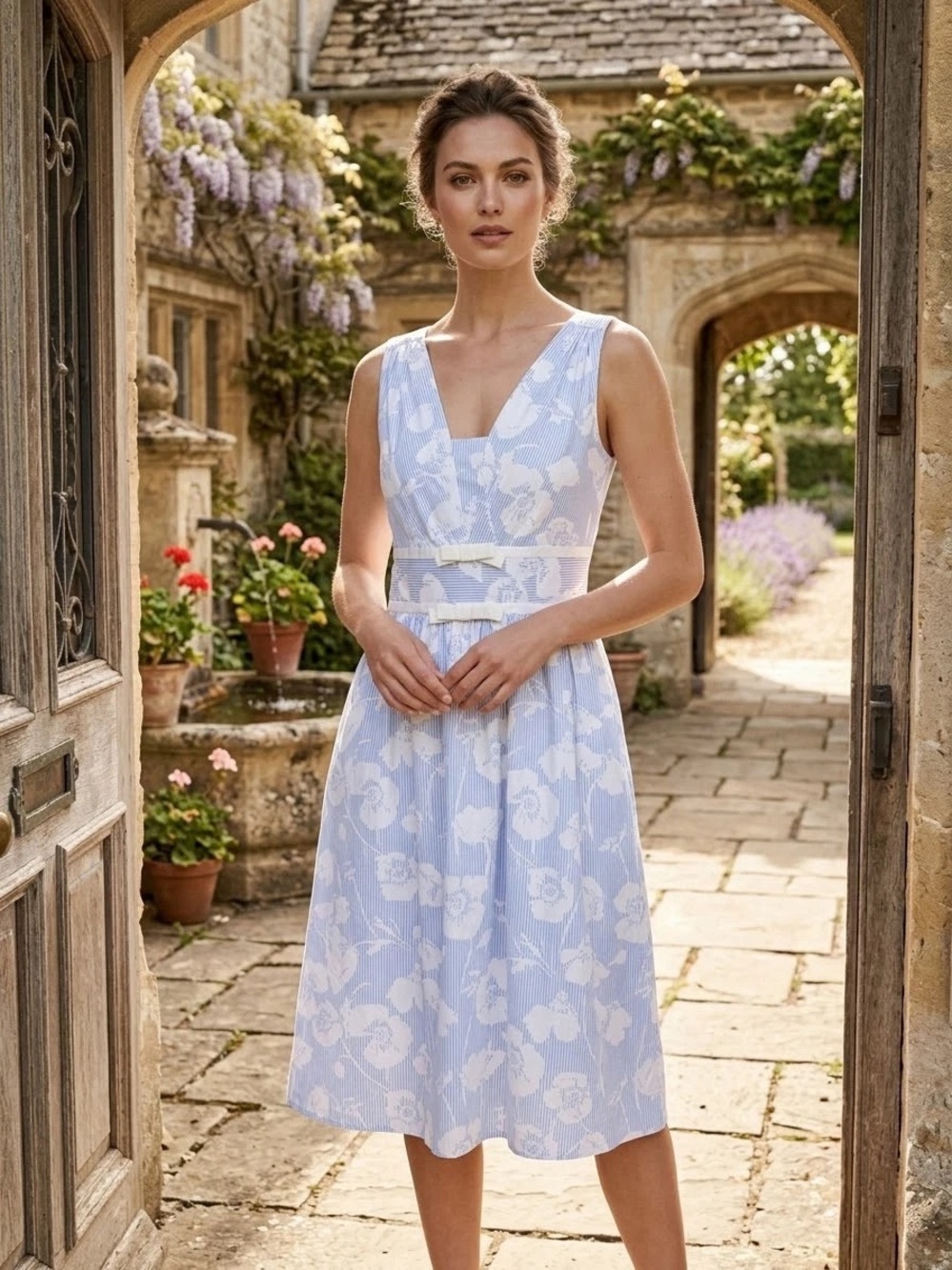 Karl Lagerfeld Paris Blue & White Floral Striped Dress